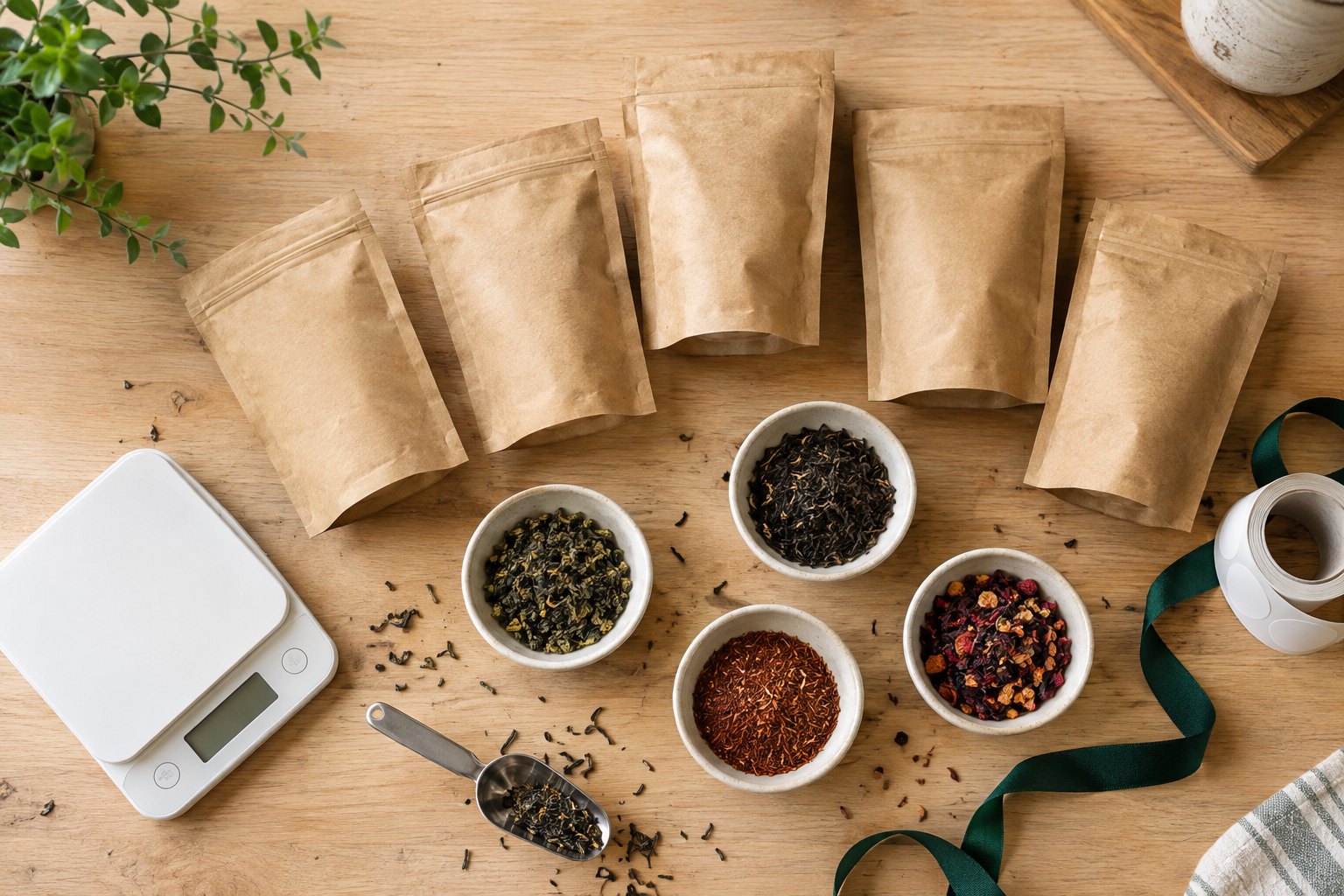 Plan de travail en bois vu de haut : sachets kraft de 50 g, bols de thé vert, thé noir, rooibos et infusion de fruits, balance et ruban vert