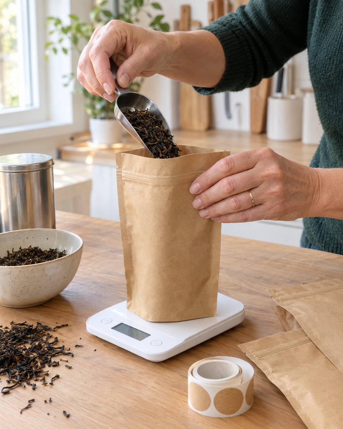 Mains versant du thé noir en feuilles dans un sachet kraft posé sur une balance de cuisine